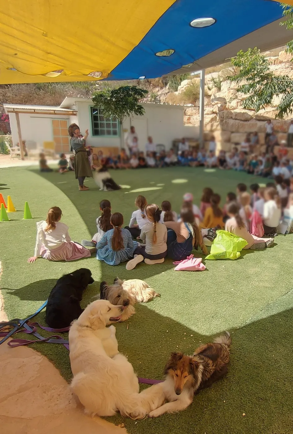 קהל של ילדים ומשפחות באירוע קהילתי עם כלבים
